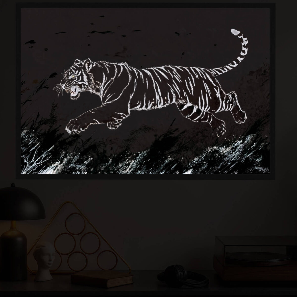 zoomed in nightlight Hunting white tiger led light painting