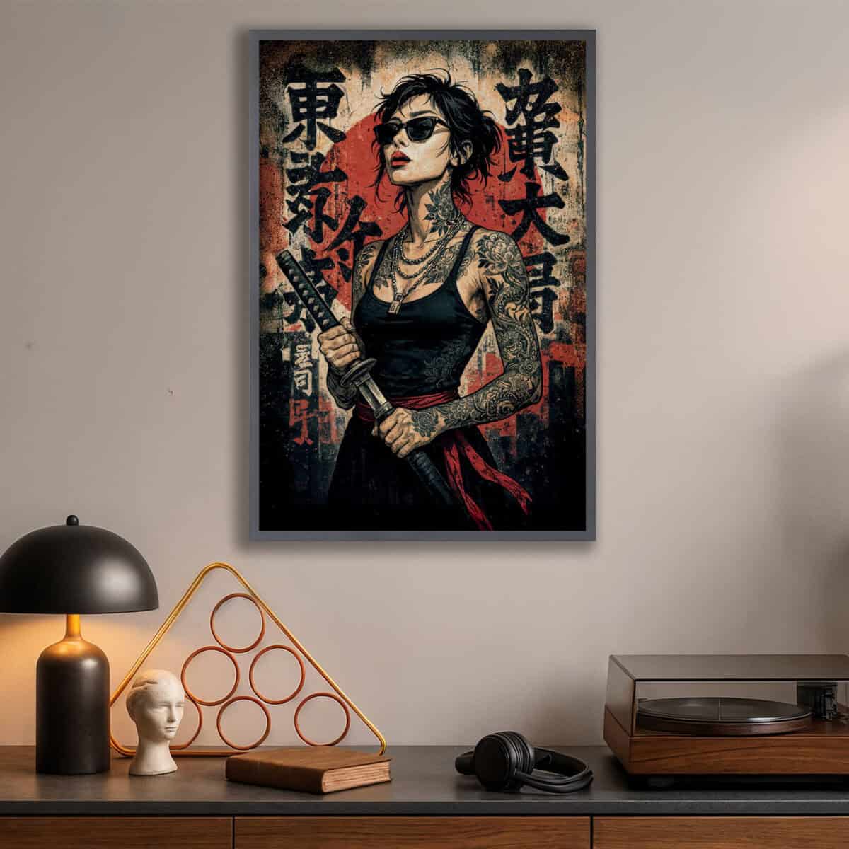 zoomed in samurai girl led light painting in the modern room