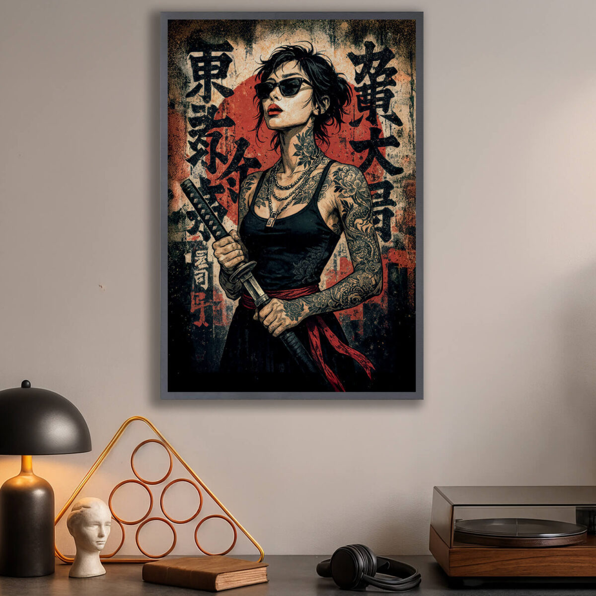 zoomed in samurai girl led light painting in the modern room