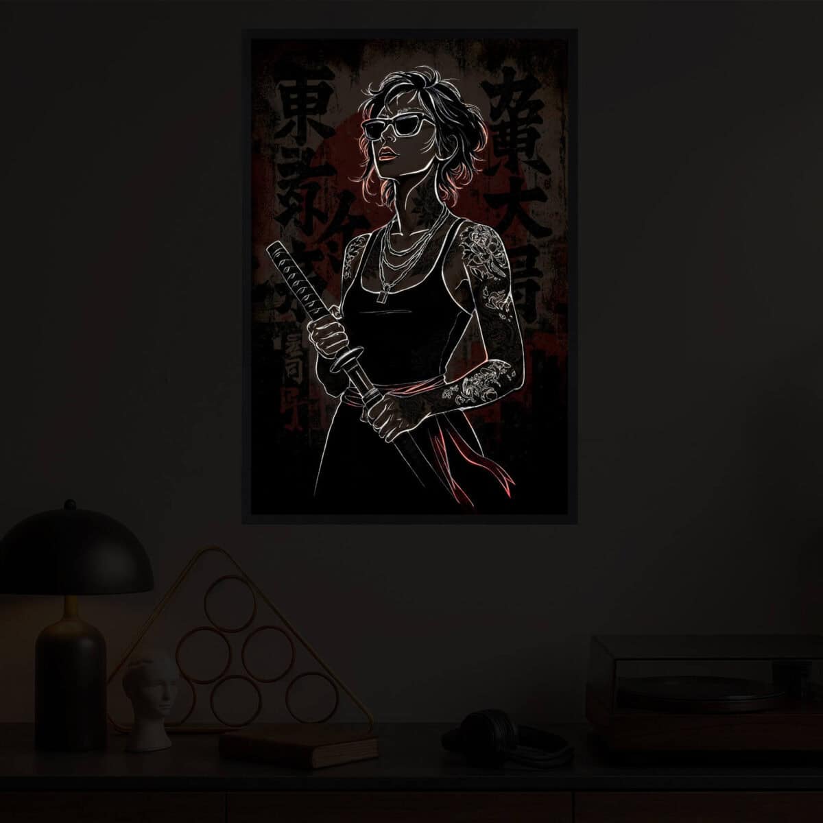 zoomed in samurai girl led light painting in the modern room in the dark