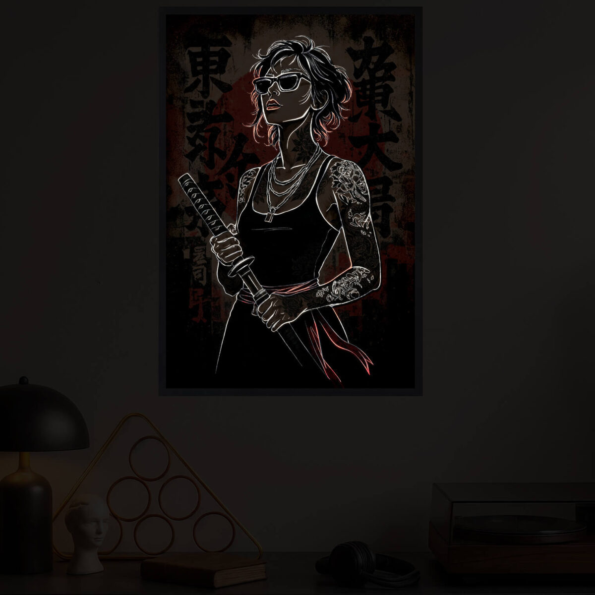 zoomed in samurai girl led light painting in the modern room in the dark